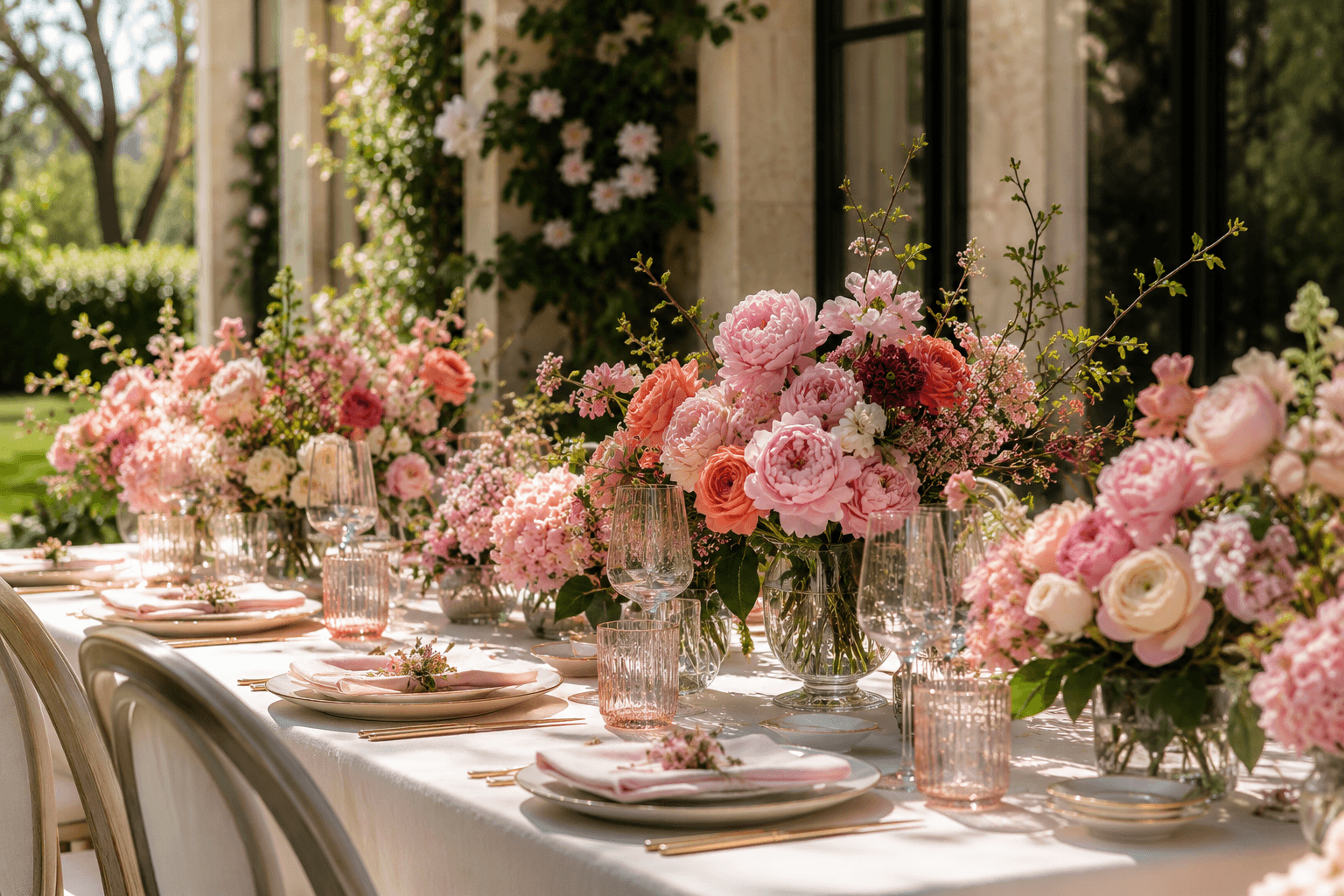 A private outdoor dinner table set with flowers along a colonnade